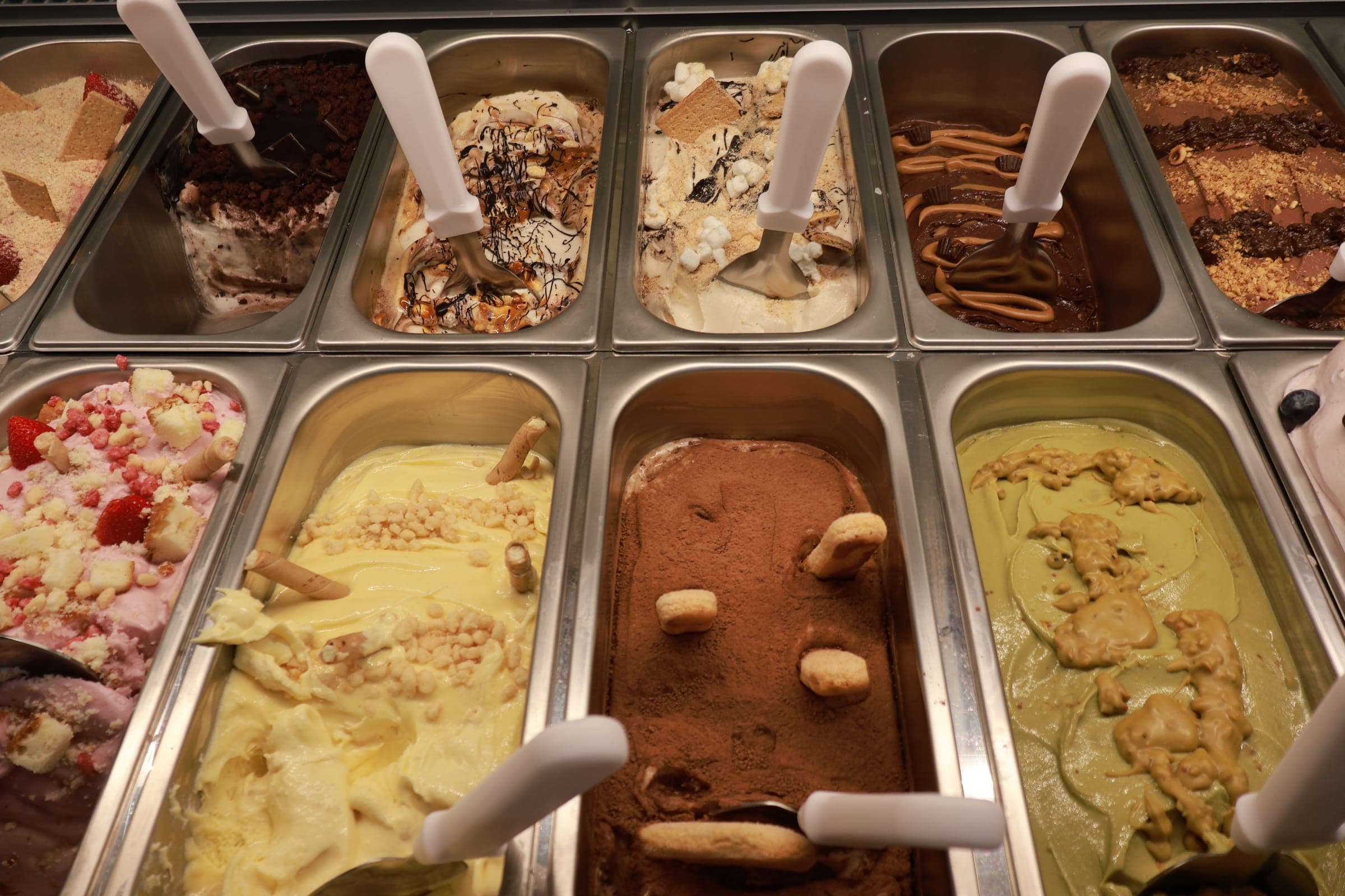 More gelato flavors in the case, from pistachio to tiramisu